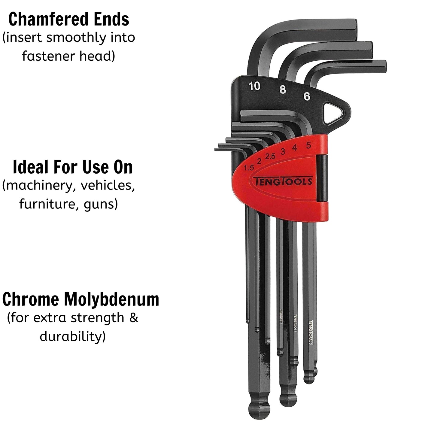 Teng Tools 9 Piece Metric Industrial Chrome Molybdenum Ball Point Hex Key/Allen Wrench Set - 1499MM