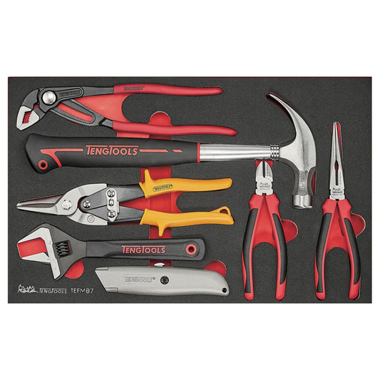 Teng Tools TEFMB7 Marteau à griffes 7 pièces, clé à molette, couteau utilitaire, cisailles à tôle et pince plateau en mousse EVA