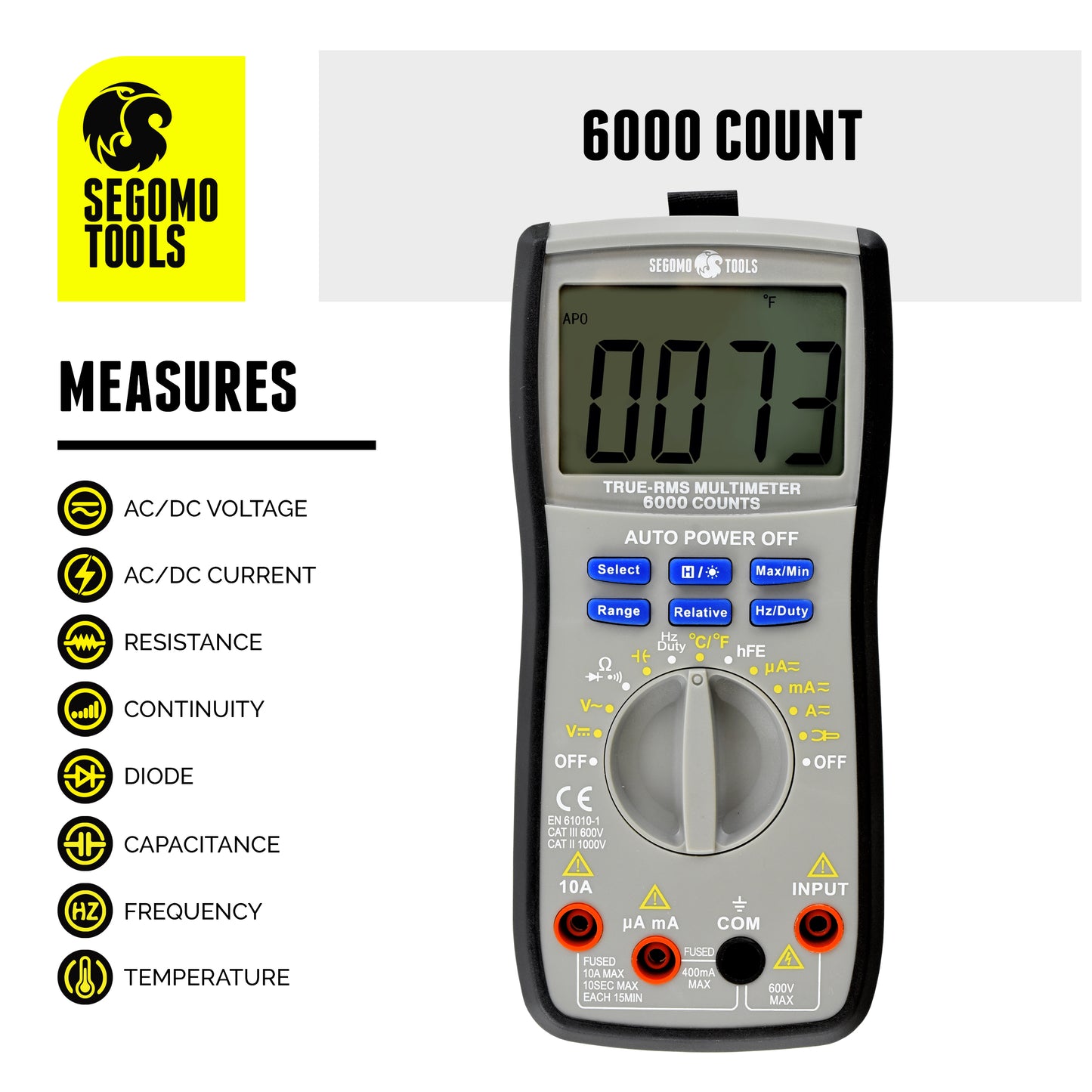 Segomo Tools Digital Multimeter Testers with Count Voltage, Current, Resistance, Continuity, Diode, Capacitance, Frequency & Temperature Manual & Auto Ranging