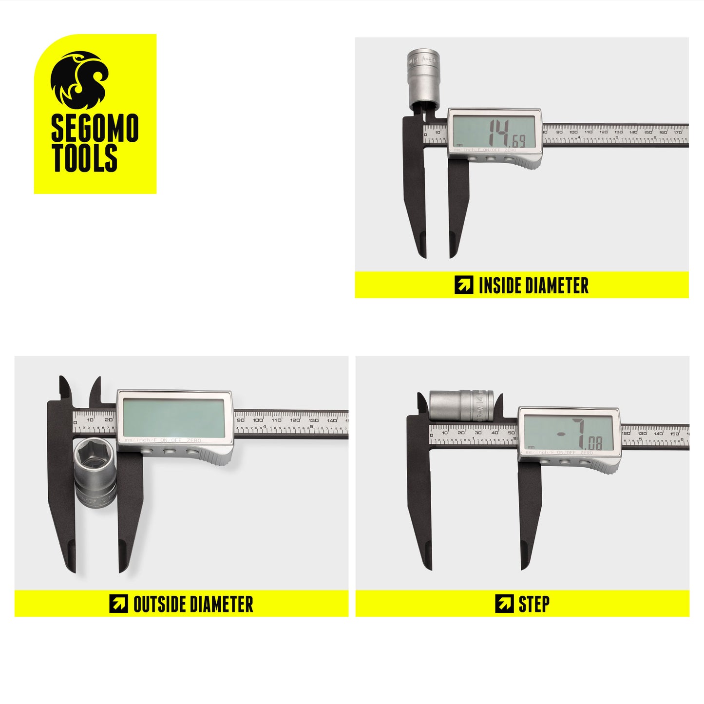 Segomo Basics 6 & 8 Inch Basic Line Electronic Digital Calipers: Inch, Fractions, Millimeter Conversion