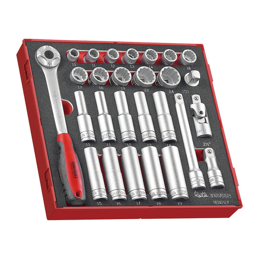 Teng Tools 27 Piece 1/2 Inch Drive 12 Point Metric Regular/Shallow & Deep Foam Socket Set - TED1227