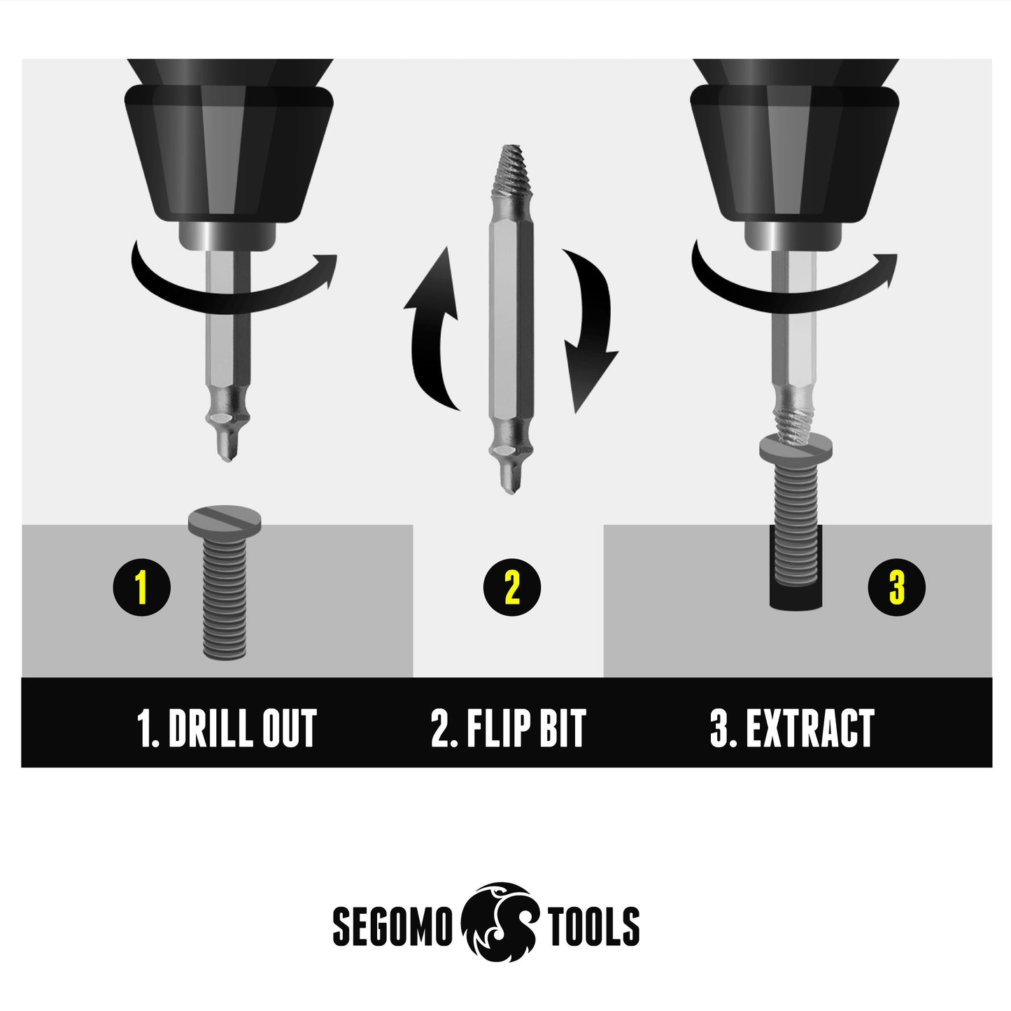 Segomo Tools 4 Piece HSS 4341 Damaged / Stripped Screw Extractor Remover Set with Hardness 63-65 HRC- EOUT4HSS