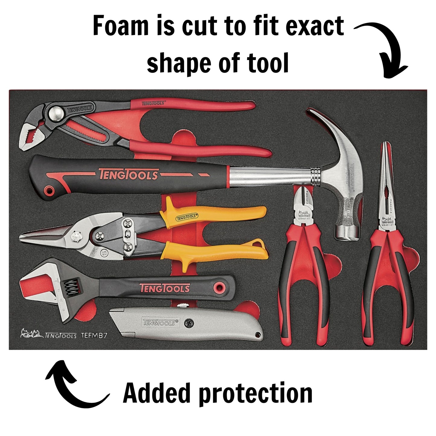 Teng Tools TEFMB7 Marteau à griffes 7 pièces, clé à molette, couteau utilitaire, cisailles à tôle et pince plateau en mousse EVA