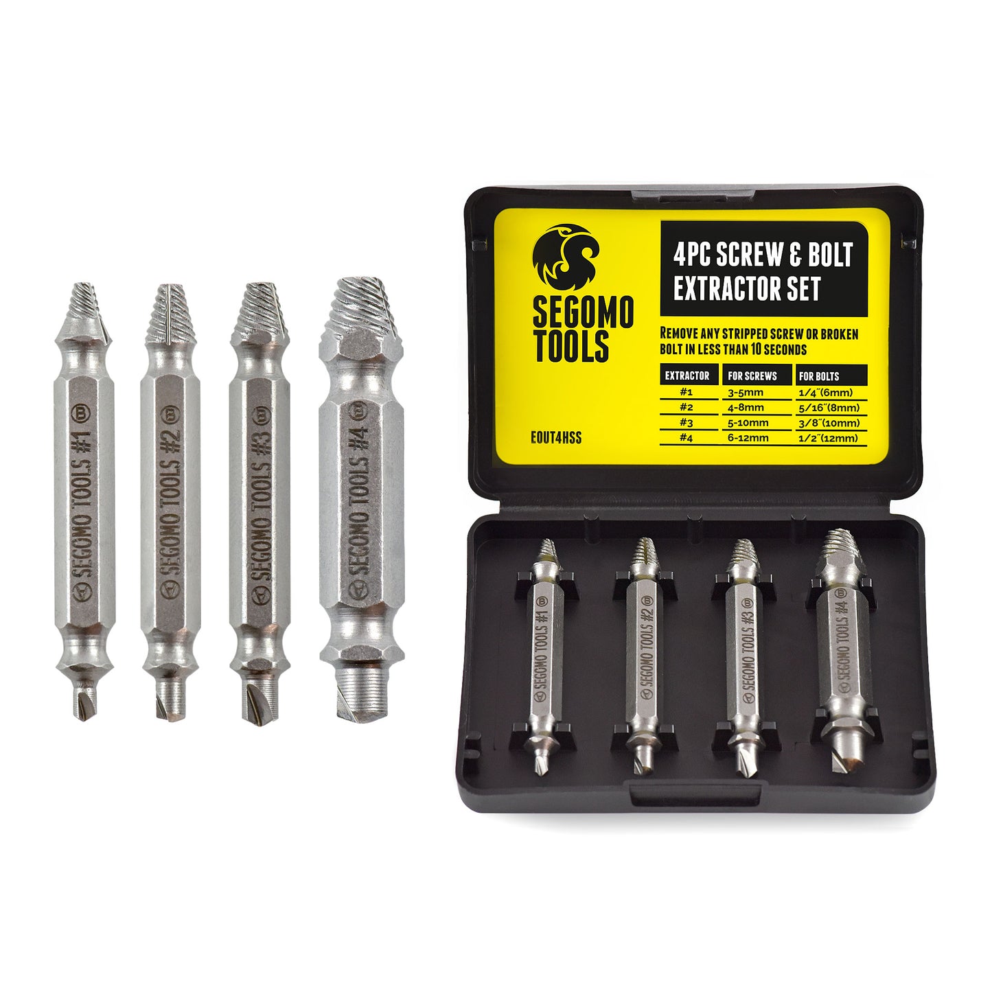 Segomo Tools 4 Piece HSS 4341 Damaged / Stripped Screw Extractor Remover Set with Hardness 63-65 HRC- EOUT4HSS