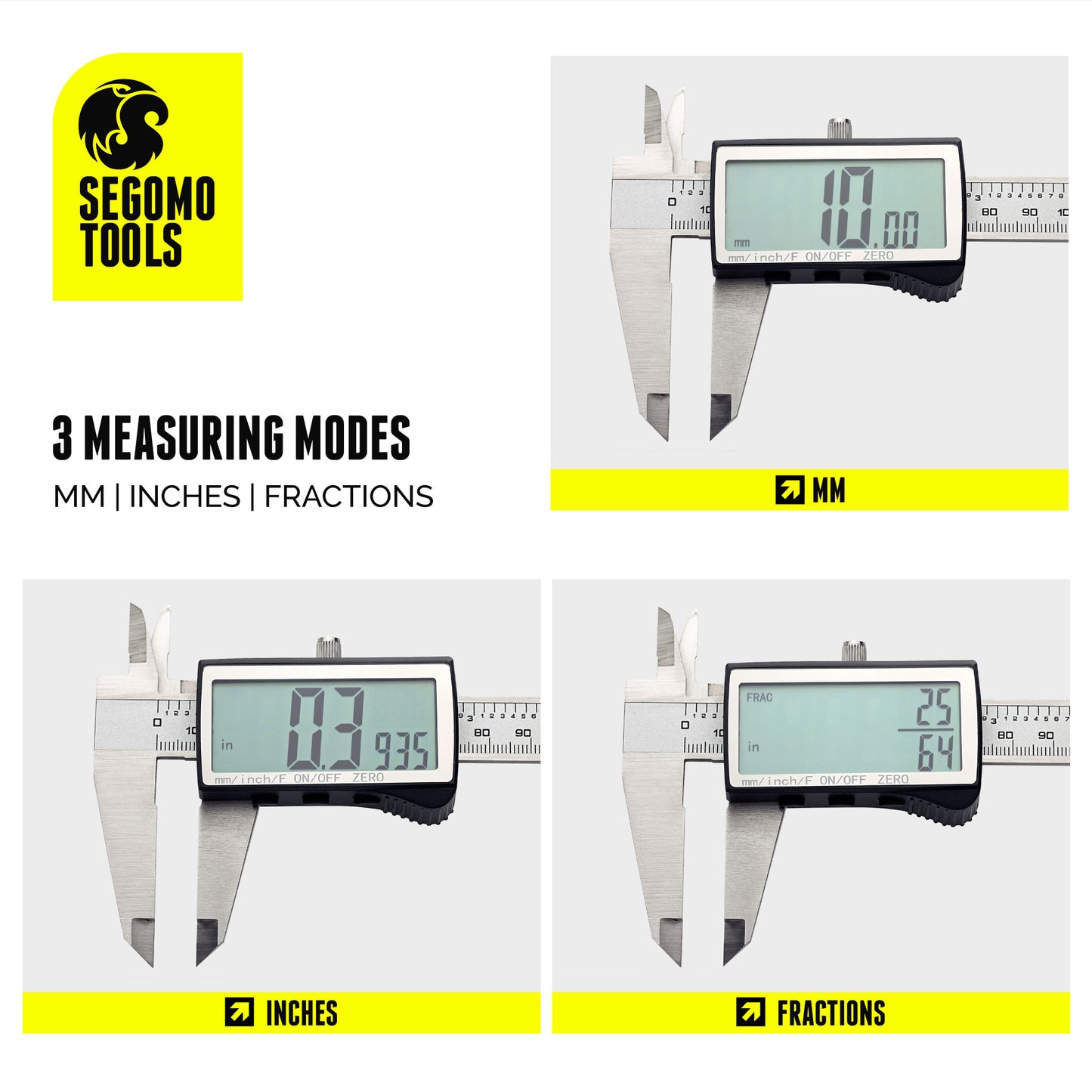 Segomo Tools 6 & 8 Inch Pro Range Electronic Digital Calipers: Inch, Fractions, Millimeter Conversion