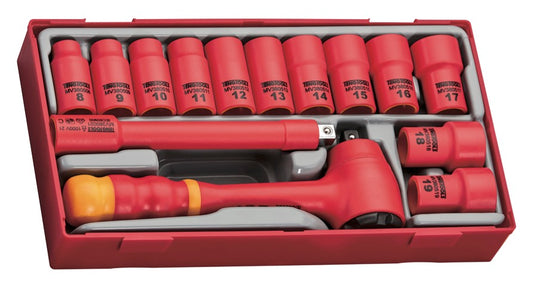 Teng Tools 14 Piece 3/8 Inch Drive Metric 6 Point 1000 Volt Shallow Insulated Socket | Electricians Tools | Insulated Tools | Electrical Tools - TTV3814