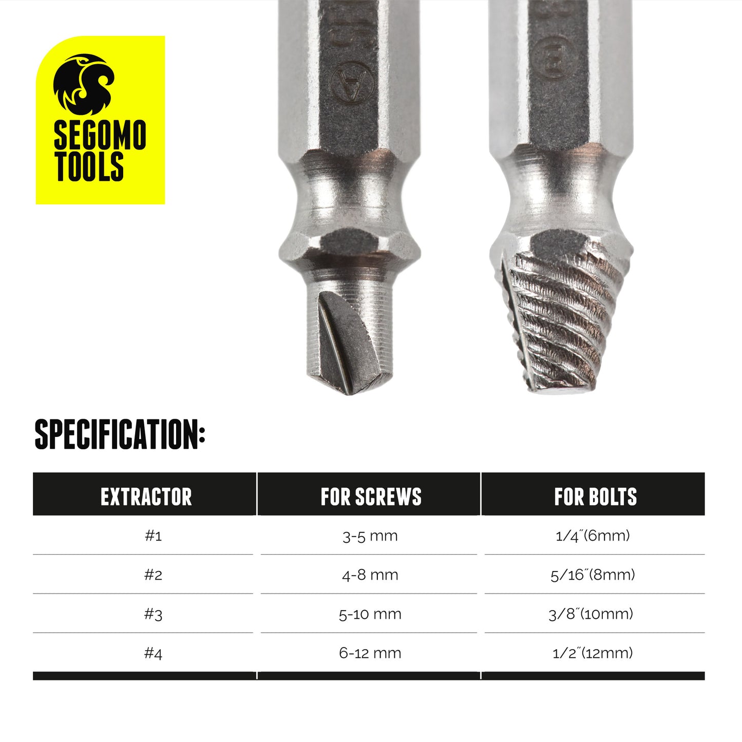 Segomo Tools 4 Piece HSS 4341 Damaged / Stripped Screw Extractor Remover Set with Hardness 63-65 HRC- EOUT4HSS