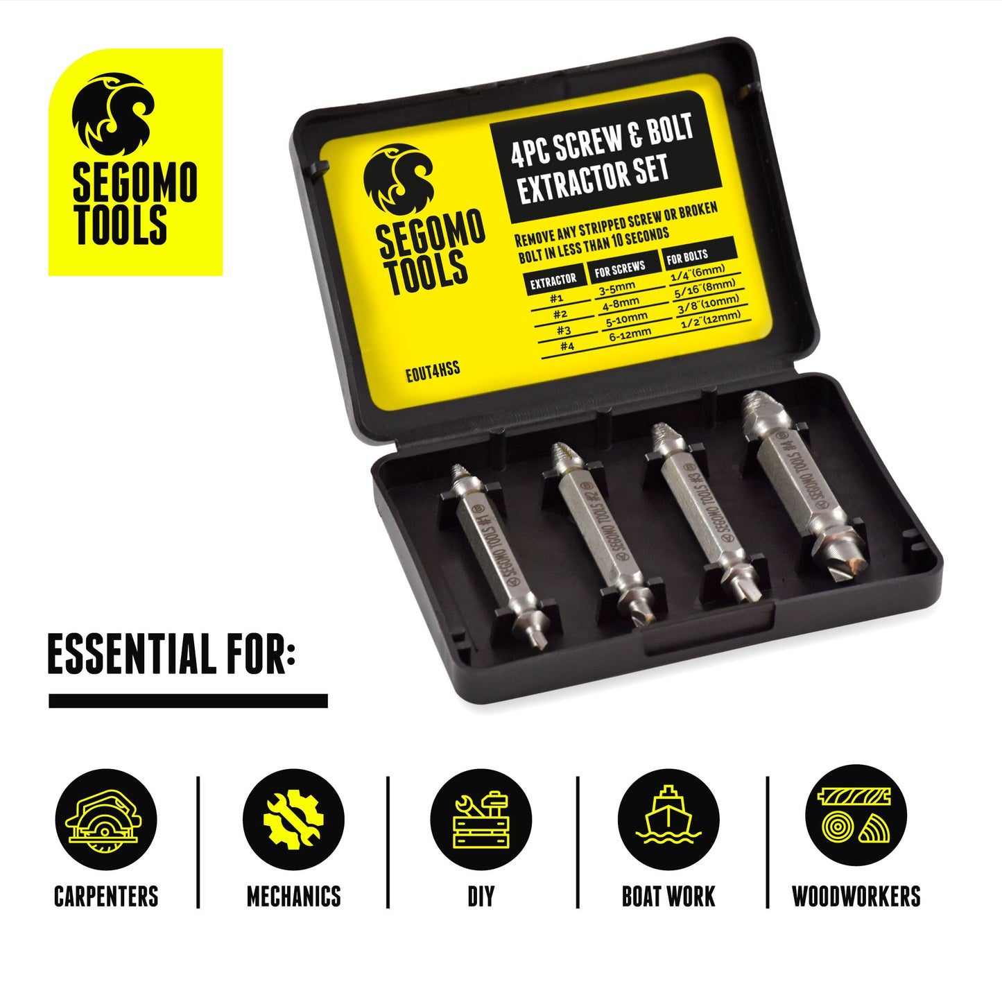 Segomo Tools 4 Piece HSS 4341 Damaged / Stripped Screw Extractor Remover Set with Hardness 63-65 HRC- EOUT4HSS