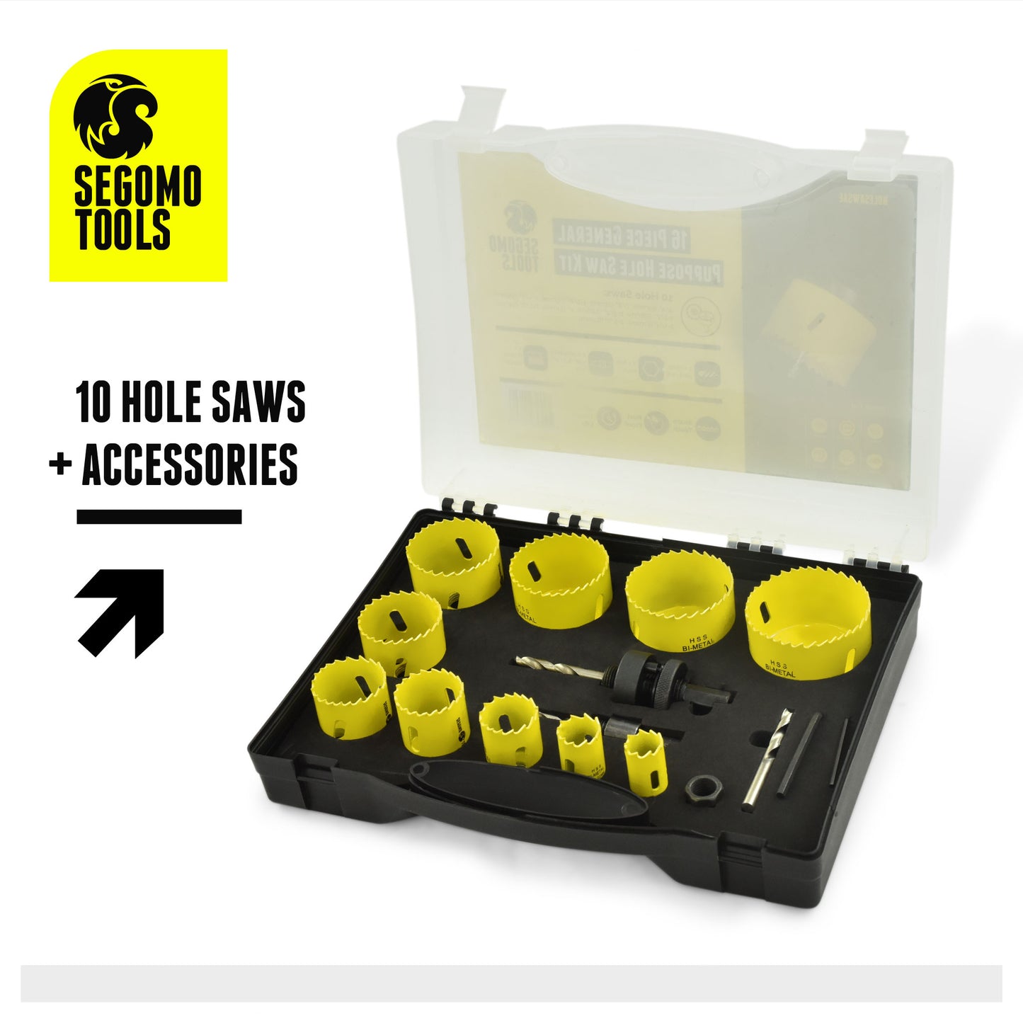 Segomo Tools 16 Piece General Purpose Bi-Metal Hole Saw Kit (3/4 Inch to 2 1/2 Inch) - HOLESAWSAE