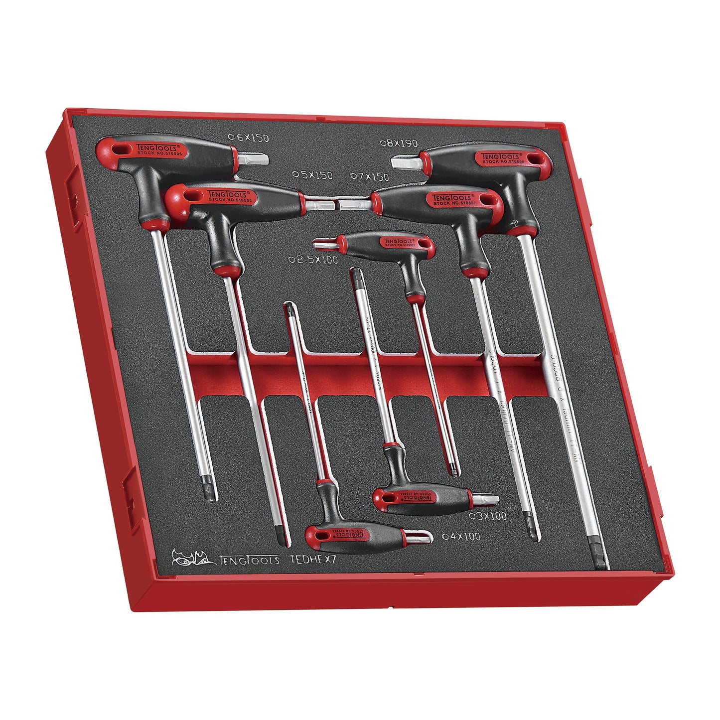 Teng Tools Jeu de 7 pièces en mousse pour clé Allen hexagonale à poignée en T métrique (2,5 mm à 8 mm) - TEDHEX7