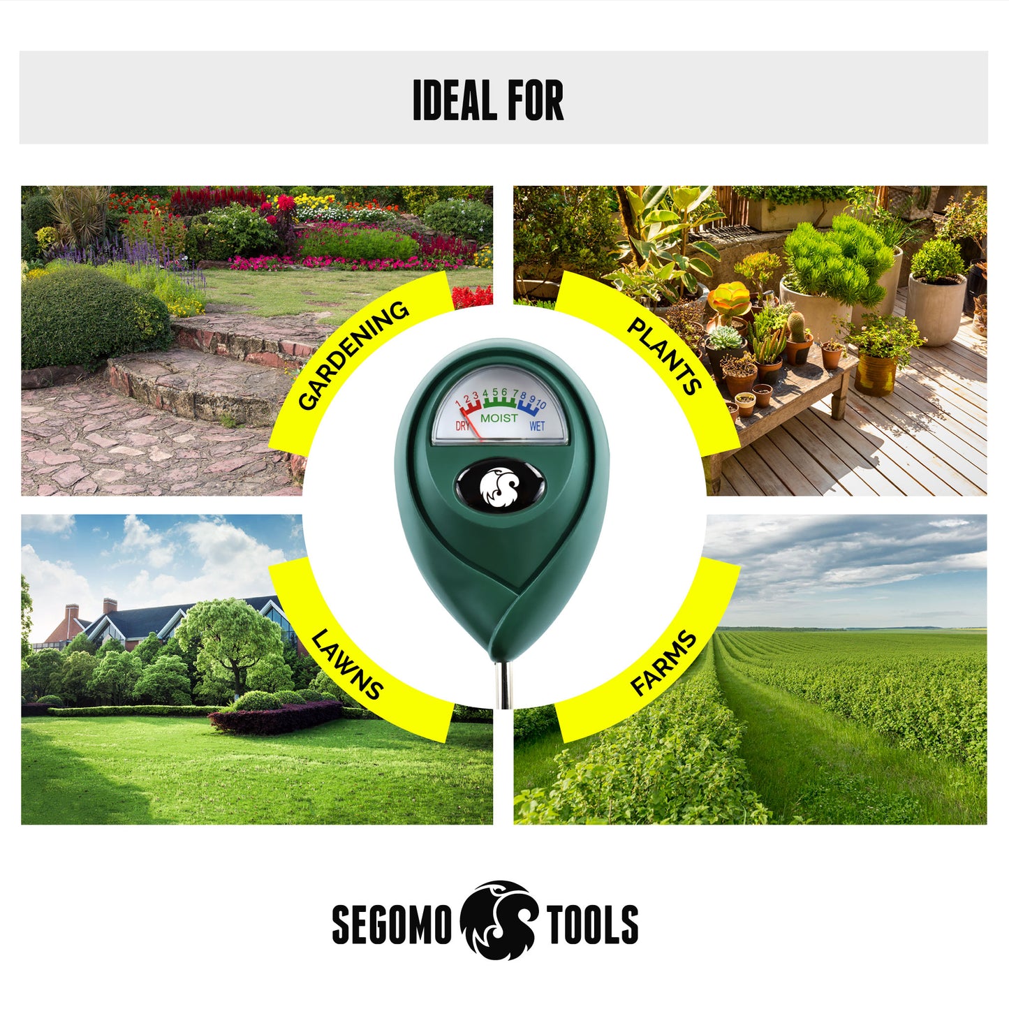 Segomo Tools Soil Moisture Hygrometer Sensor & Reader (For Gardening, Plants, Lawns, Farms) - SMR01