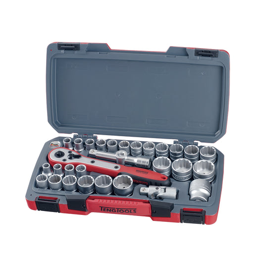 Teng Tools 30 Piece 1/2 Inch Drive 12 Point Metric & SAE Regular/Shallow Socket Set - T1230