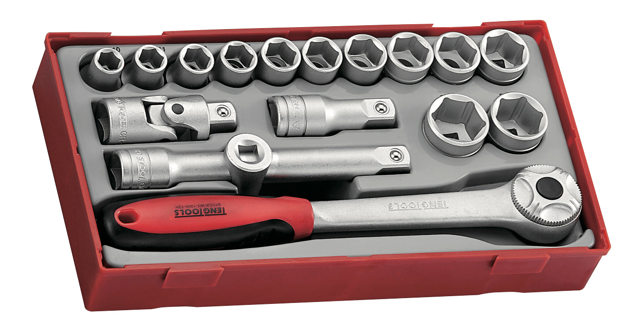 Teng Tools 17 Piece 1/2 Inch Drive Metric 6 Point Shallow Socket Set - TT1218-6