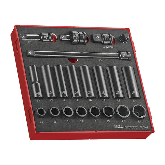 Teng Tools 21 Piece 1/2 Inch Drive 6 Point Regular & Deep Impact Socket Set In EVA Tray - TED9121