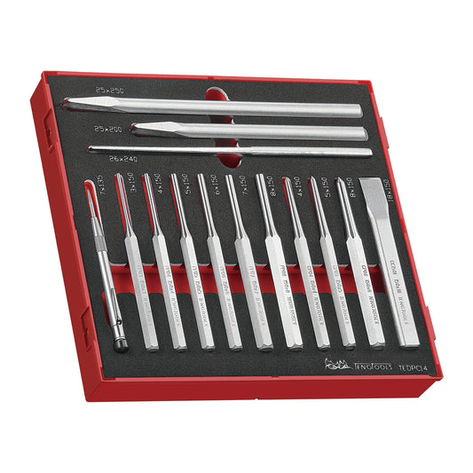 Teng Tools 14 Piece Parallel Pin Punch, Flat Cold Chisel and Centre Punch Foam Set - TEDPC14