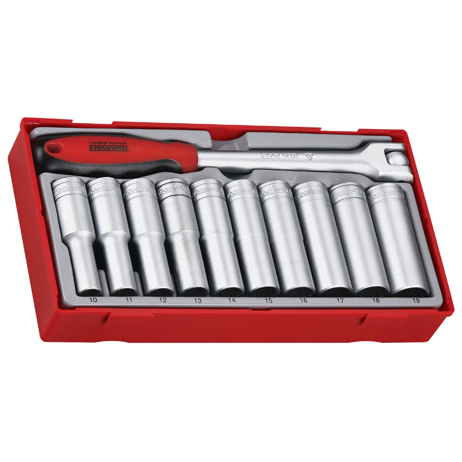 Teng Tools 11 Piece 1/2 Drive Metric 12 Point Deep Socket Set Tool Tray (10mm - 19mm) - TT1211