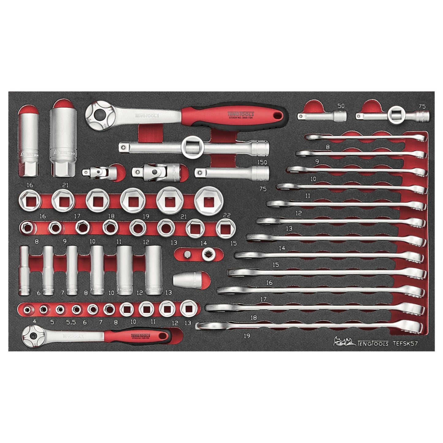 Teng Tools 57 Piece 1/4 & 3/8 Inch Combination Wrench, Shallow/Deep Sockets & Accessories EVA Foam Tray - TEFSK57