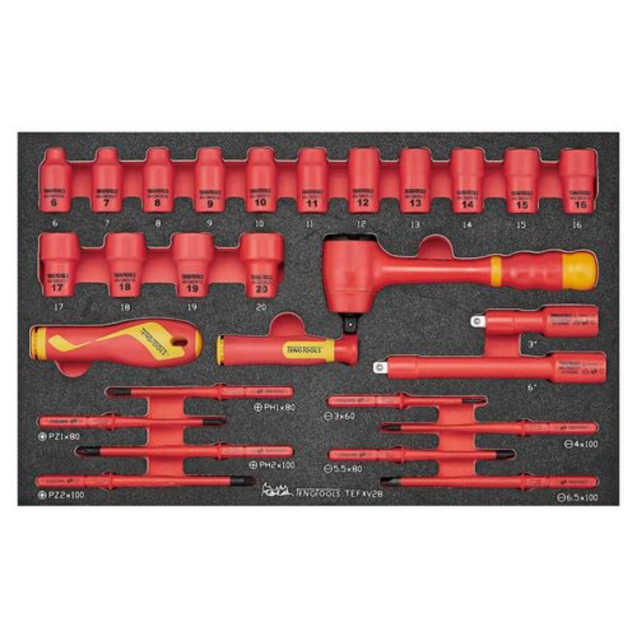 Teng Tools 28 Piece 1000 Volt Insulated 3/8 Inch Drive 6 Point Shallow Socket, Extension Bar, Ratchet & Screwdriver EVA Foam Tray - TEFXV28