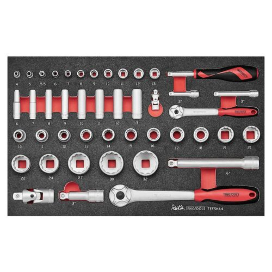 Teng Tools 44 pièces à entraînement mixte 12 points et 6 points, douilles peu profondes et profondes et plateau en mousse EVA pour accessoires - TEFSK44