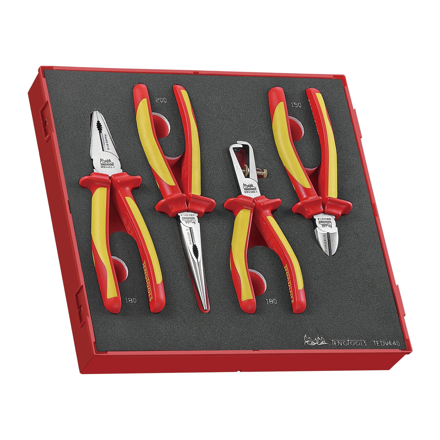 Teng Tools 4 Piece 1000 Volt Insulated Plier Set (Combination, Long Nose, Stripper, Cutter)- TEDV440