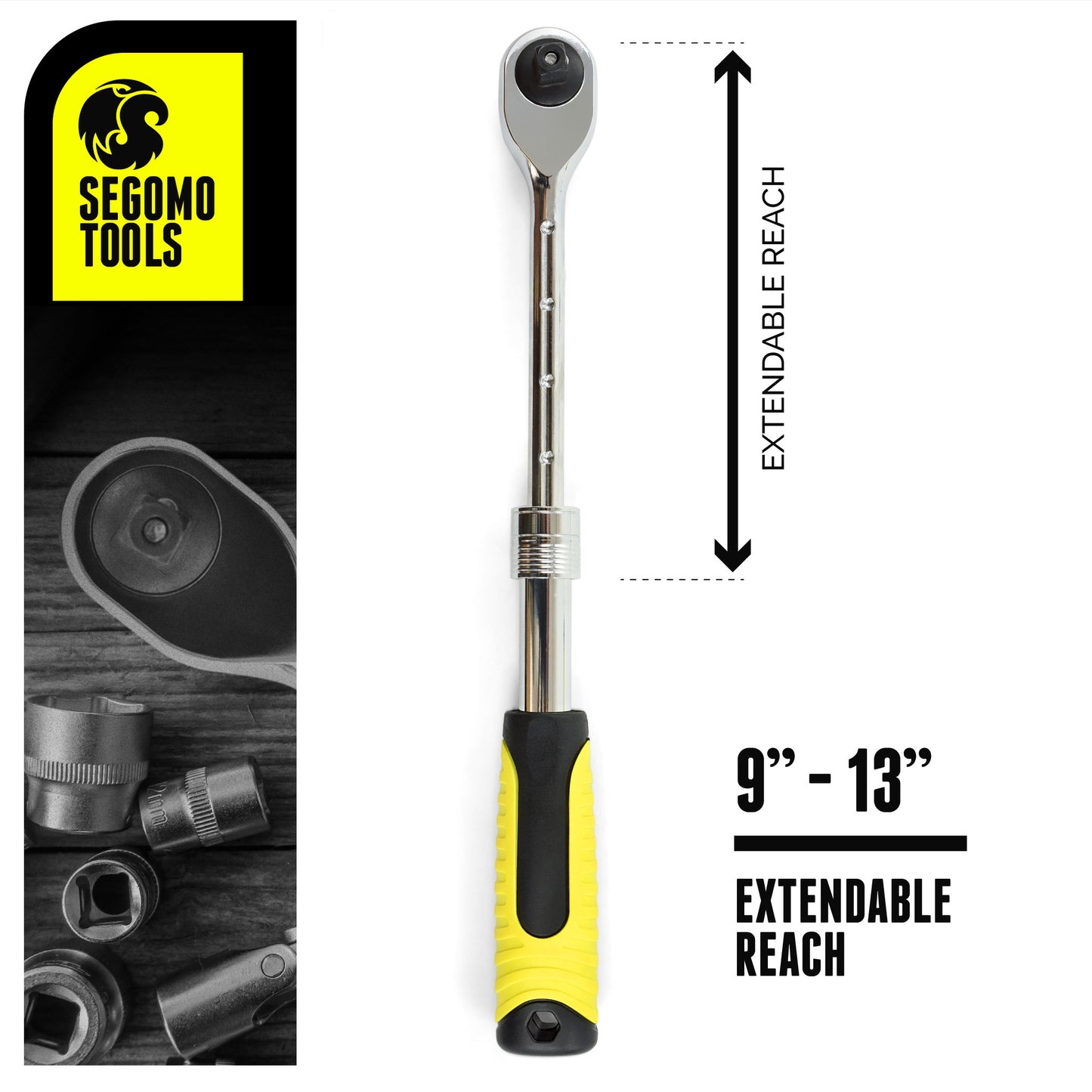 Segomo Tools 1/4, 3/8 & 1/2 Inch Drive 72 Teeth Heavy Duty Reversible Extendable Ratchet