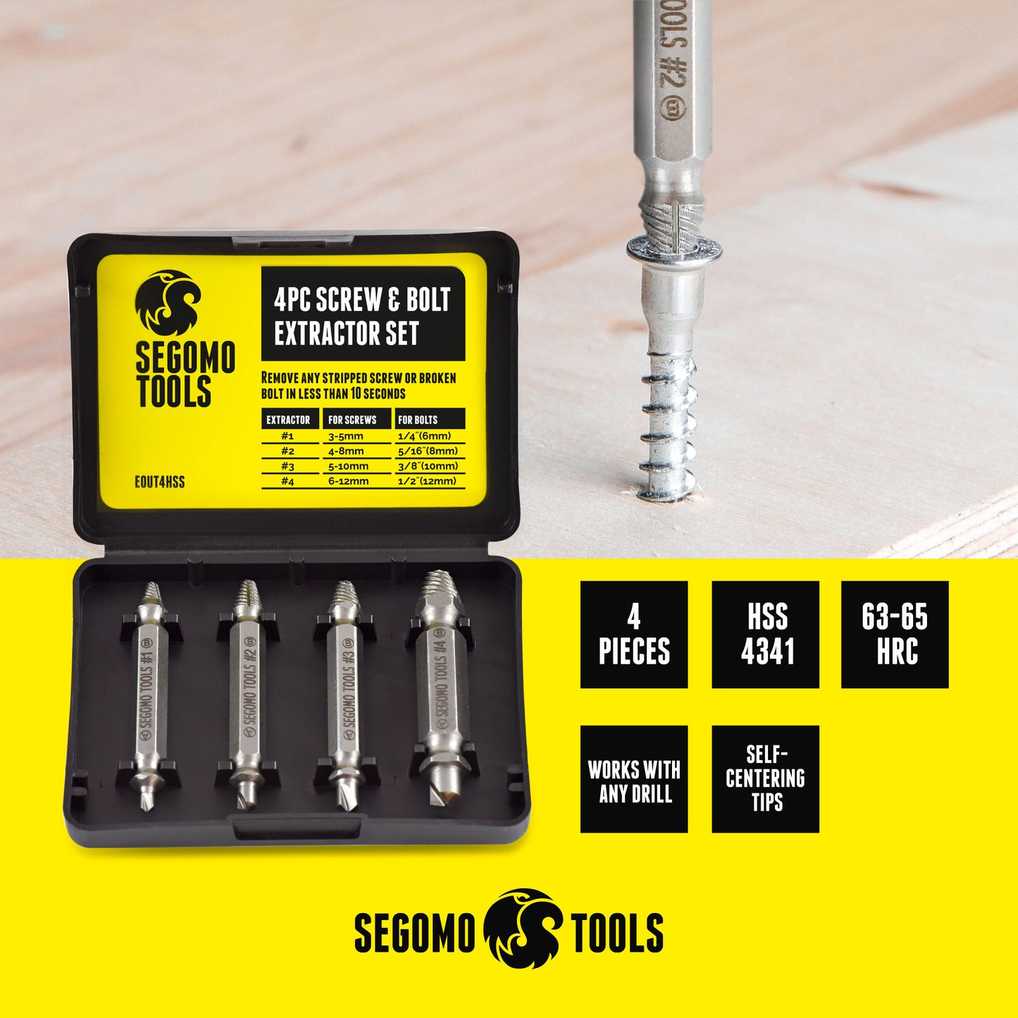 Segomo Tools 4 Piece HSS 4341 Damaged / Stripped Screw Extractor Remover Set with Hardness 63-65 HRC- EOUT4HSS