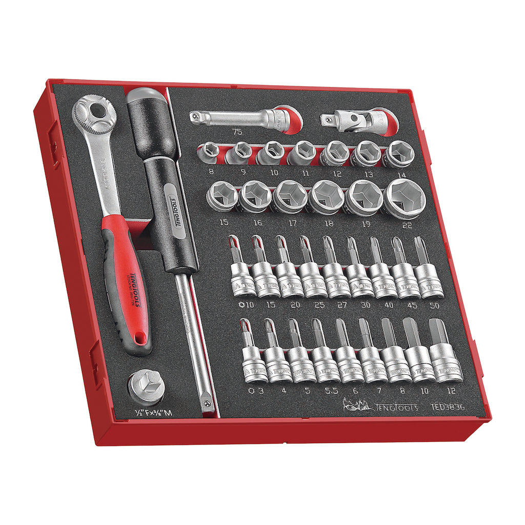 Teng Tools 36 Piece 3/8 Inch Drive 6 Point Metric Regular/Shallow & Bit Foam Socket Set - TED3836