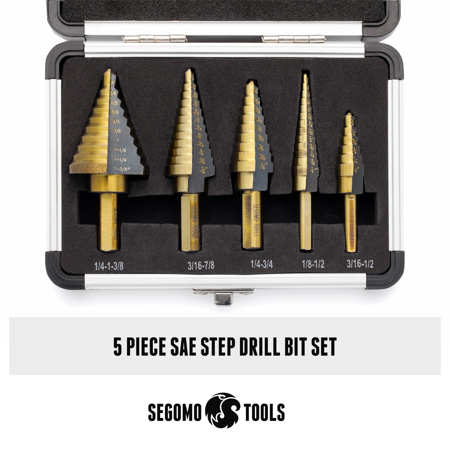 Segomo Tools 5 Piece SAE Multiple Hole 50 Sizes HSS Step Drill Bit Set With Aluminum Case