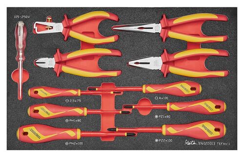 Teng Tools 11 Piece 1000 Volt Insulated Plier (Side Cutting, Combination, Long Nose, Wire Stripping) And Screwdriver (Flat, PH, PZ) EVA Foam Tray - TEFXV11