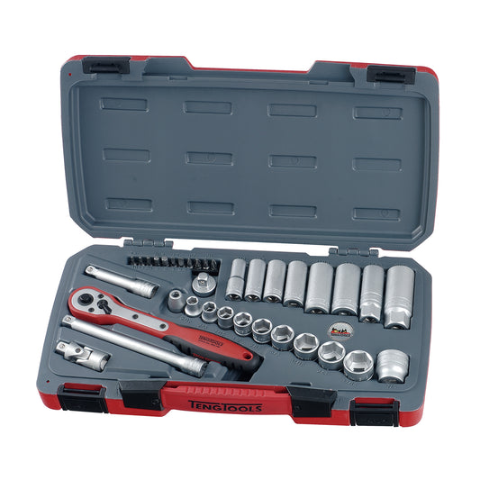 Teng Tools 35 Piece 3/8 Inch Drive 6 Point SAE Regular/Shallow & Deep Socket Set  - T3835AF