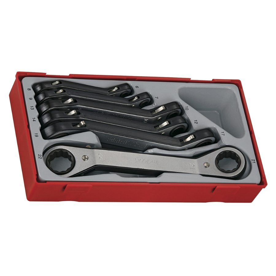 Teng Tools 6 Piece 12 Point Double Ended RORS Offset Reversible Ratcheting Ring Wrench Set - TTRORS