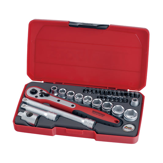 Teng Tools 34 Piece 3/8 Inch Drive 6 Point Metric Regular/Shallow Socket Set (8mm - 19mm) - T3834