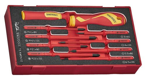 Teng Tools 10 Piece 1000 Volt Insulated Interchangeable Screwdriver Blade & Handle EVA Foam Set - TEAMDV10