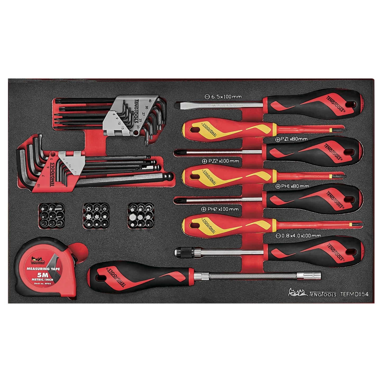 Teng Tools 54 Piece Mixed Screwdriver, Hex/TX Key, Bit, Quick Chuck Driver & Tape EVA Foam Tray - TEFMDI54