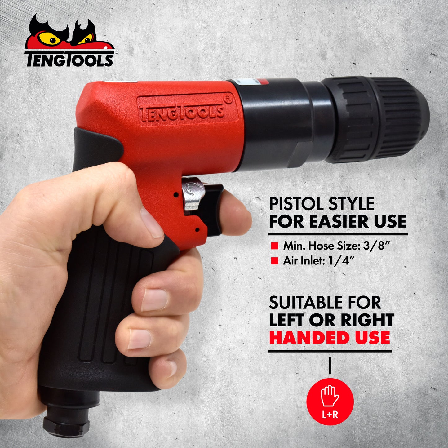 Teng Tools Pistol Style 10MM Chuck 1,800 RPM Left Right Hand Reversible Pneumatic Air Drill - ARD10