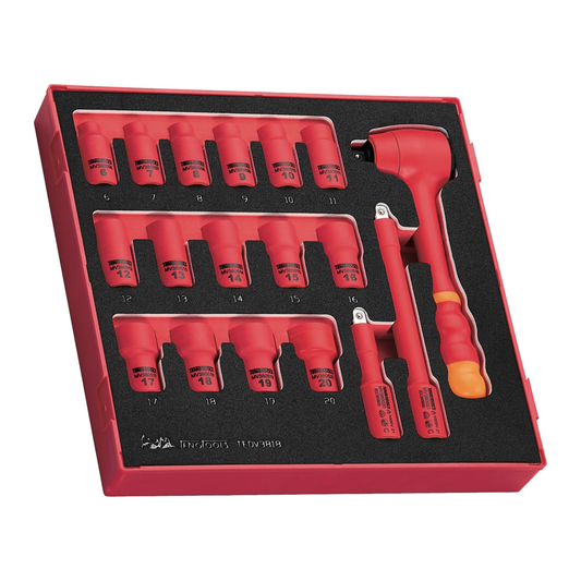 Teng Tools 18 Piece 3/8 Inch Drive Metric 6 Point 1000 Volt Shallow Insulated EVA Foam Socket Set (6MM - 20MM) | Electricians Tool | Insulated Tool | Electrical Tool - TEDV3818