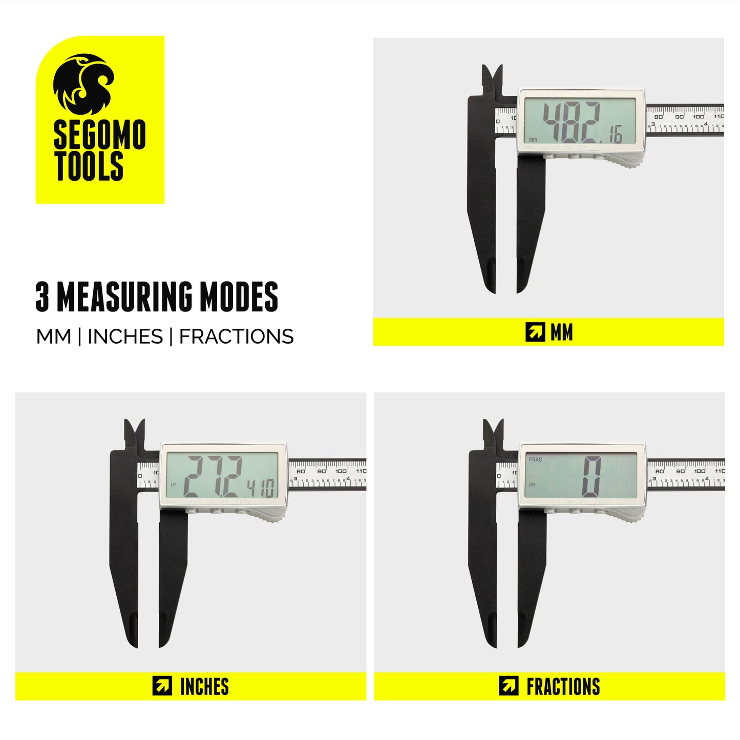 Segomo Basics 6 & 8 Inch Basic Line Electronic Digital Calipers: Inch, Fractions, Millimeter Conversion