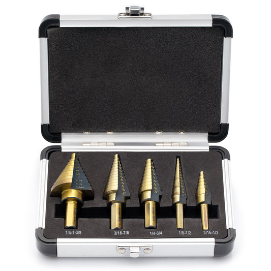 Segomo Tools 5 Piece SAE Multiple Hole 50 Sizes HSS Step Drill Bit Set With Aluminum Case