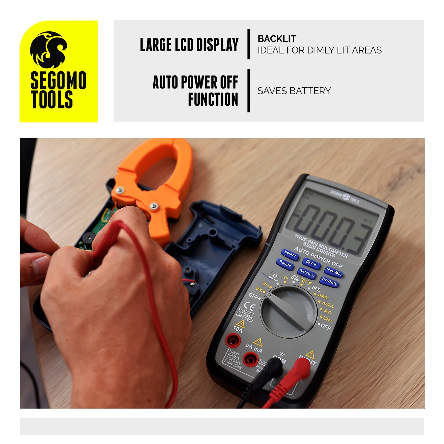 Segomo Tools Digital Multimeter Testers with Count Voltage, Current, Resistance, Continuity, Diode, Capacitance, Frequency & Temperature Manual & Auto Ranging