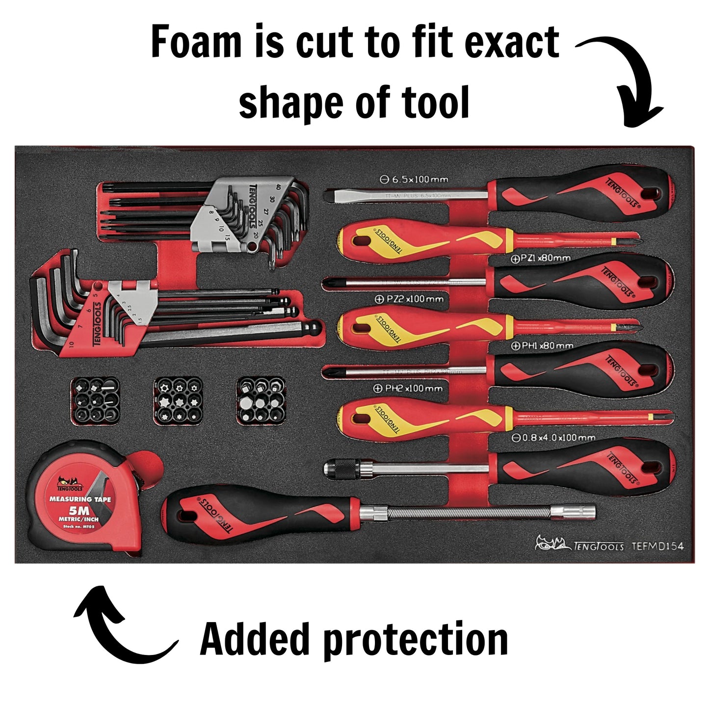 Teng Tools 54 Piece Mixed Screwdriver, Hex/TX Key, Bit, Quick Chuck Driver & Tape EVA Foam Tray - TEFMDI54