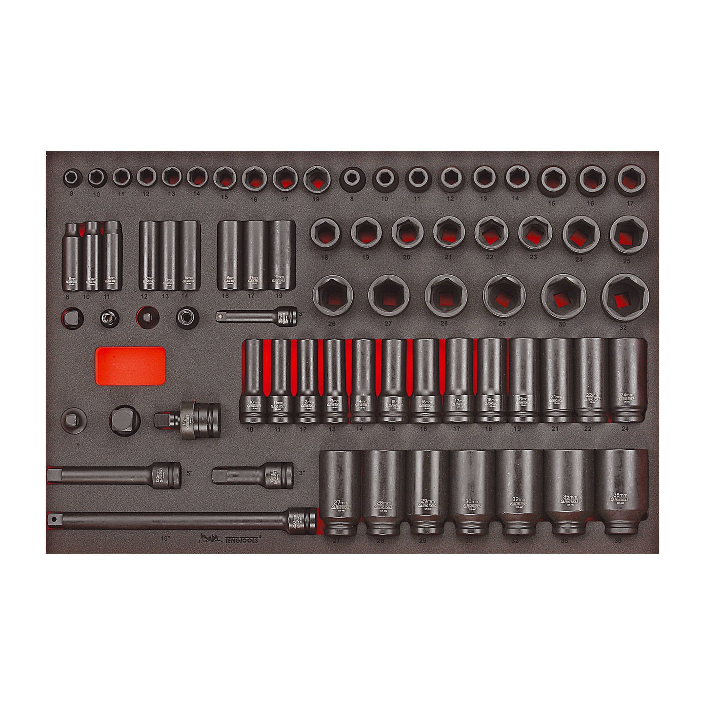 Teng Tools 73 Piece 3/8 Inch - 1/2 Inch Drive Regular & Deep EVA Foam Impact Socket Set - TTEISK73