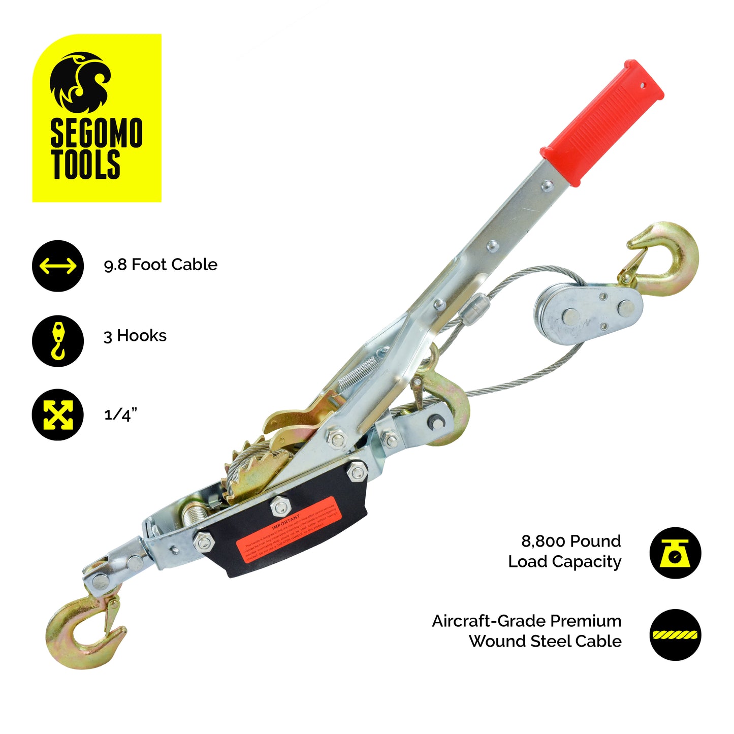 Segomo Tools 2 & 4 Ton Ton Heavy Duty 3 Hook Steel Cable Dual Gear Power Ratchet Come Along Puller Winch Tools