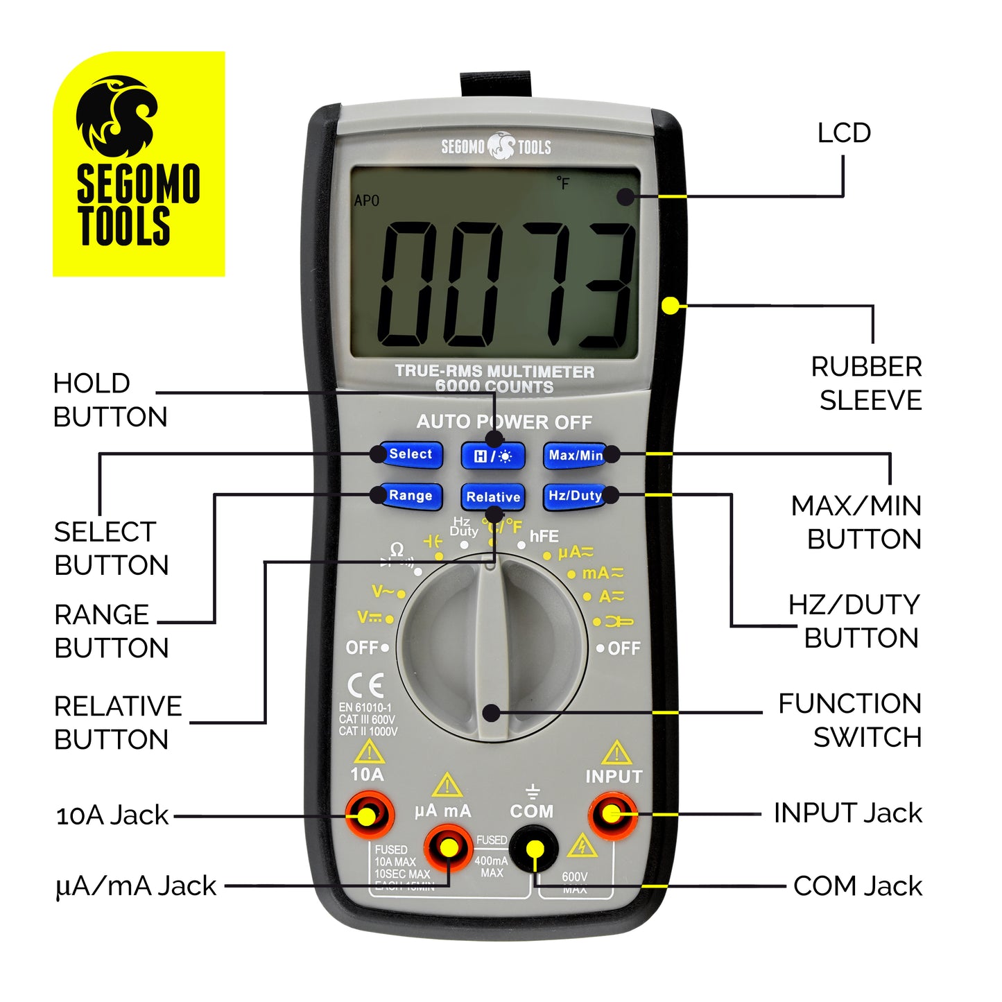 Segomo Tools Digital Multimeter Testers with Count Voltage, Current, Resistance, Continuity, Diode, Capacitance, Frequency & Temperature Manual & Auto Ranging