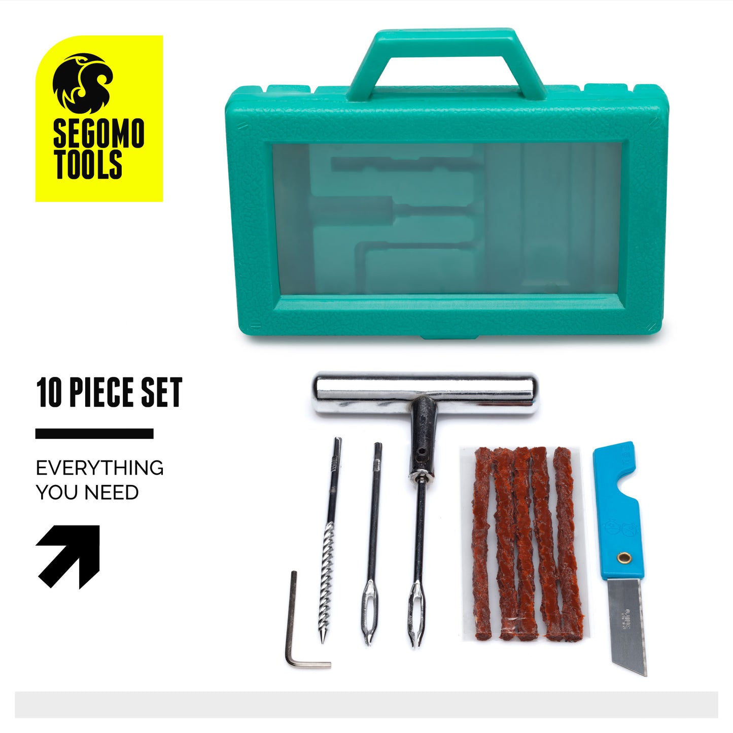 Segomo Tools 10 Piece Universal Flat Tire Puncture Repair Set For Motorcycles, Cars, SUV, Trucks, ATV - TIRE01