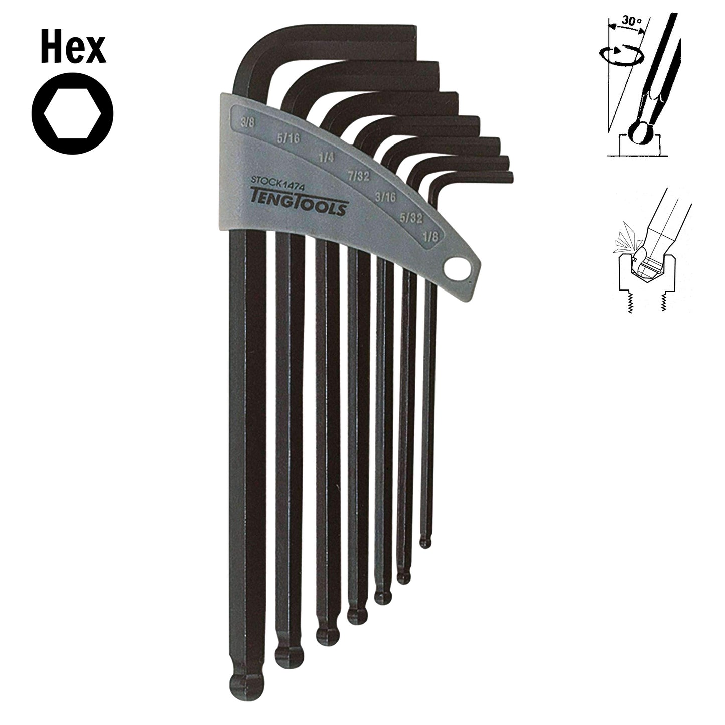 Teng Tools 7 Piece Black SAE Ball Point Hex Key / Allen Wrench Set (1/8 Inch - 3/8 Inch) - 1474