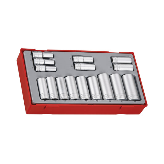 Teng Tools 16 Piece 3/8 Inch Drive Metric 6 Point Deep Socket Set Tool Tray (7mm - 22mm) - TT3816