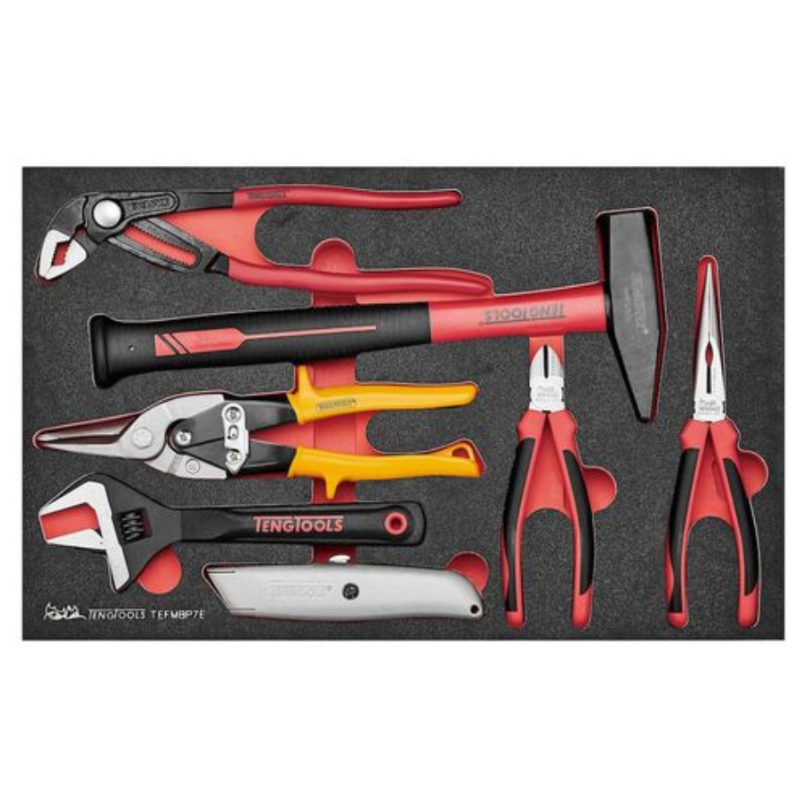 Teng Tools Pince 7 pièces, clé, marteau d'ingénieur, couteau et cisailles en fer blanc Plateau général en mousse EVA - TEFMBP7E